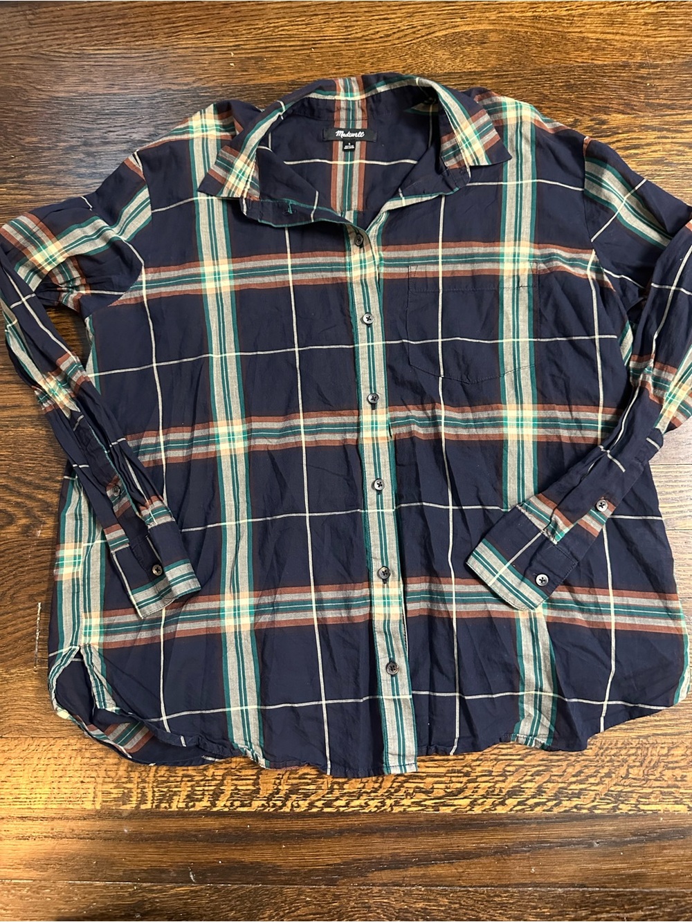 Madewell Navy Plaid Button-Down Shirt with Green and Rust Brown Stripes Cotton